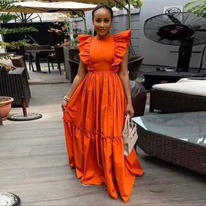 Elegant Orange Ruffle Maxi Dress